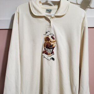 Vintage-Style Cream Collared Sweatshirt with Embroidered Teddy Bear- Size M